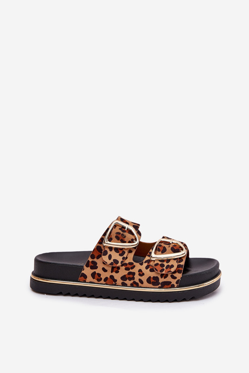 Women's platform slippers with leopard print and gold buckles brown Tersele