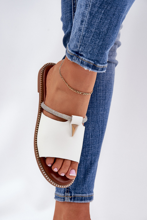 Eco Leather Slippers On Flat Heel With Decorative Strap White Hirtewi