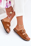 Women's Slippers With Golden Buckles And Stitching Camel Lunera
