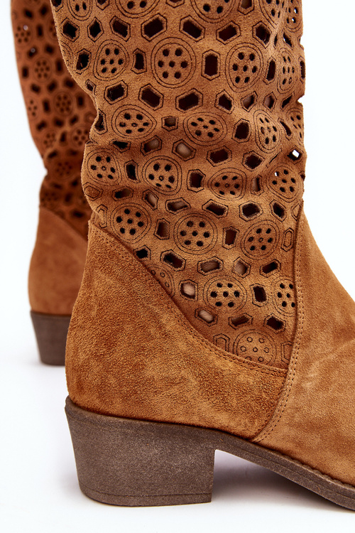 Women's Suede Cutout Boots with Low Heel in Camel Ndulu
