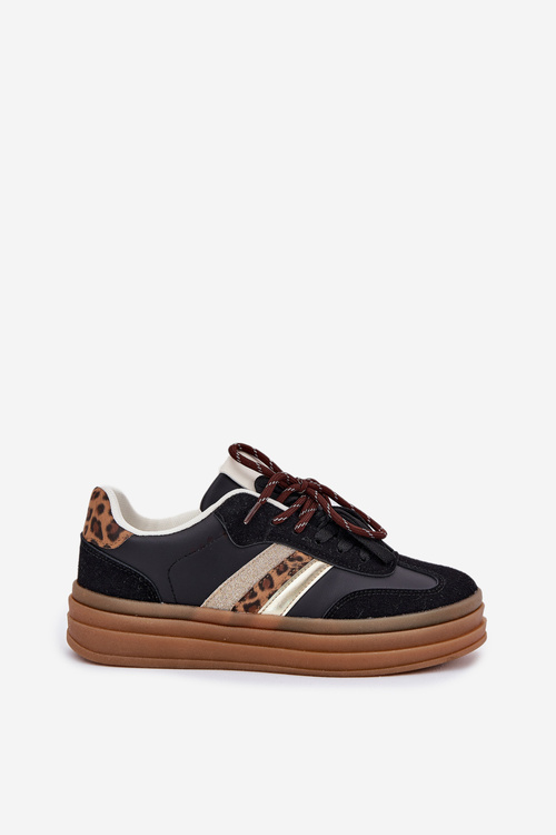 Damskie Sneakersy Z Podwójnym Sznurowaniem Na Platformie Panterka Czarne Niteria