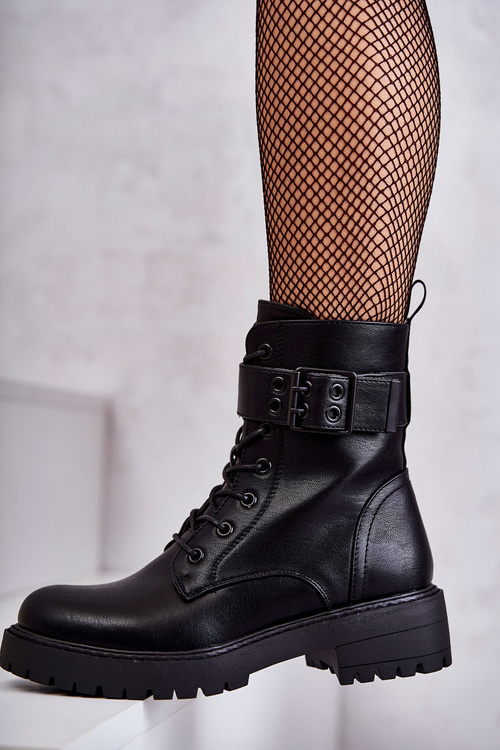 Women's Lace-up Flat Heel Boots Black Firmina