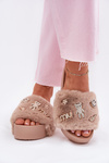 Women's Platform Slippers With Fur And Gold Accessories Beige Livira