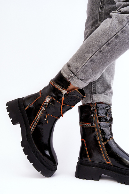 Women's Glossy Leather Boots With Zippers Maciejka 06238-18 Black