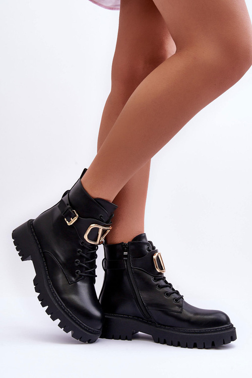 Stylish Lace-up Boots with Ornament Black Ollia