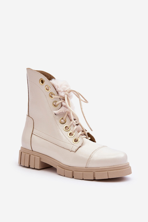 Leather Women's Boots With Faux Fur Light Beige Lewski 3296
