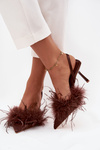 Heeled shoes with feathers and open heel chocolate Belice