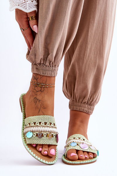 Klapki Damskie Plecione Zdobione Zielone Millano