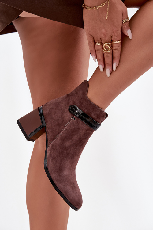 Suede Leather Women's Ankle Boots With Heel With Decorative Strap Insulated D&A CR52-650 Brown