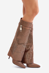 Embellished Slip-On Stiletto Boots with Turned Cuff Brown Enathlin