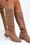 Damskie Kozaki Ażurowe Na Klocku Beżowe Helinna