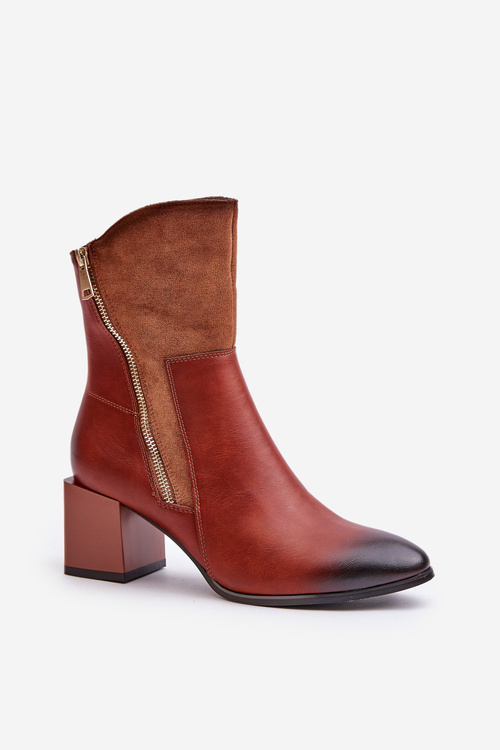 Damskie Botki Ocieplane Obcas Słupek Brązowe Relabina