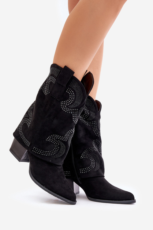Embellished ankle boots cowboy style mid-calf on heel black HY42-153
