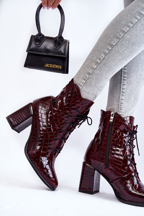 Women's Laquered Ankle Boots Crocodile Pattern Burgundy Alva