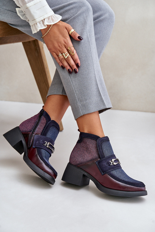 Leather Women's Boots On Thick Heel With Decoration Maciejka A6747-23 Burgundy-Naval Blue