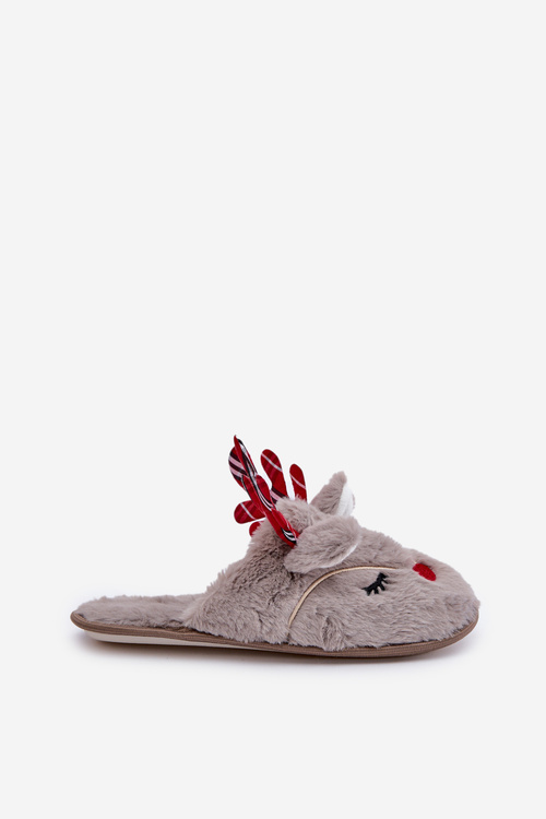 Christmas Slippers With Reindeer Design Dark Beige Sylaia