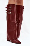 Women's Heeled Boots Turned Shaft Straps With Buckles Burgundy Nirisa