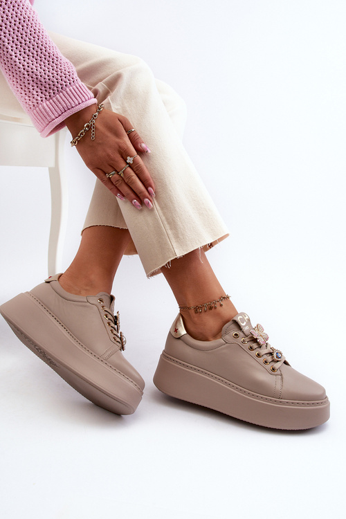 Buty Sportowe Damskie Skóra Ozdoby Beżowe CheBello 4292