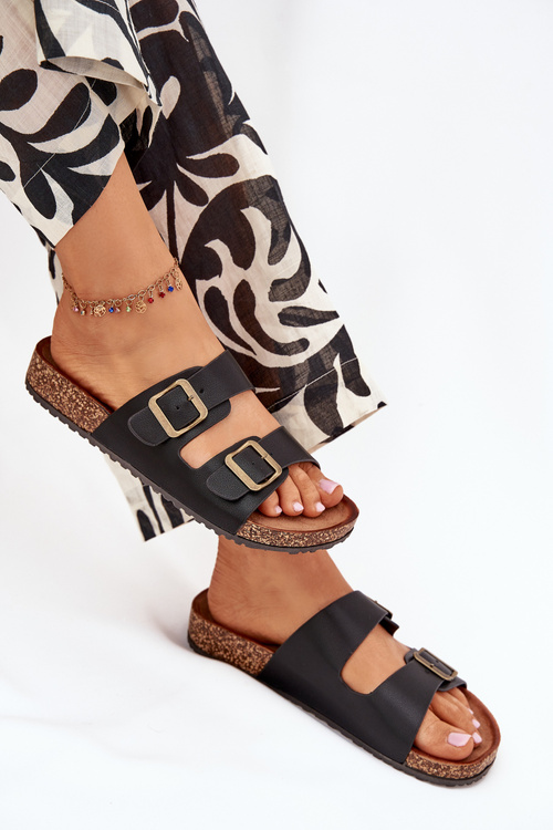 Women's Flip Flops On Cork Platform With Buckles Black Vesina