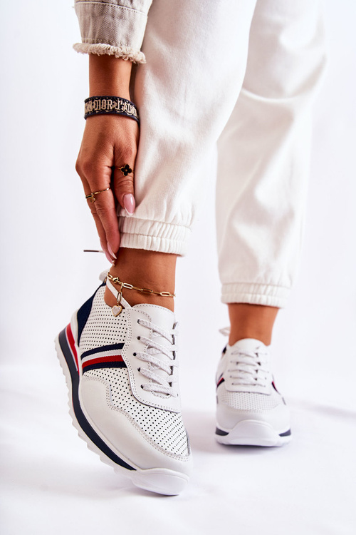 Women's leather sport shoes white and navy blue Jane
