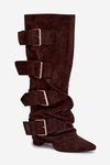 Women's High Heel Boots with Turned Top and Gold Clamps Eco Suede Chocolate Isavelle
