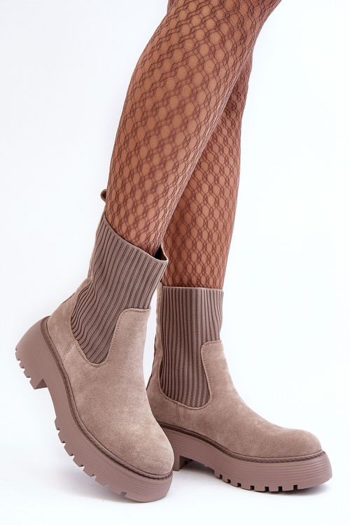 Women's Suede Boots With Sock On Platform And Flat Heel Dark Beige Rewam