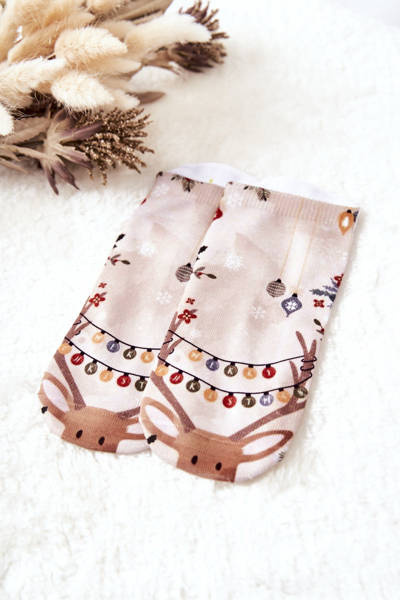 Feet Socks Reindeer Merry Christmas Beige