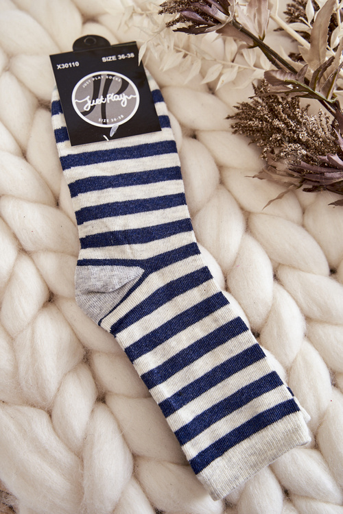Women's Classic Cotton Socks Striped Beige-Navy blue