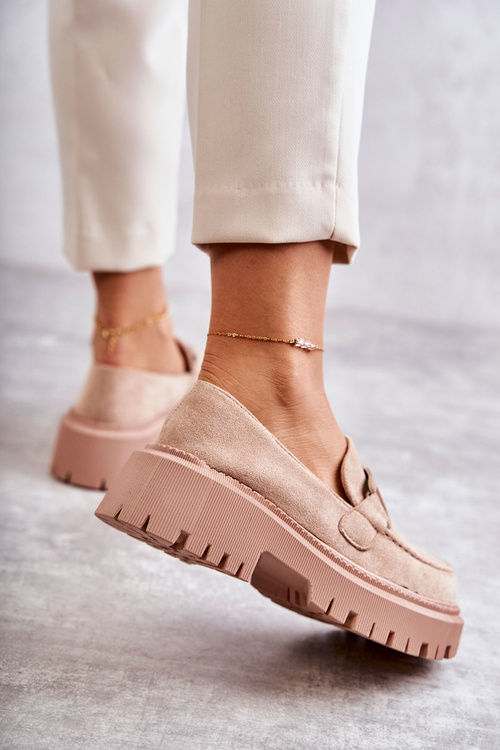 Półbuty Damskie Zamsz Ozdoba Beżowe Leeza