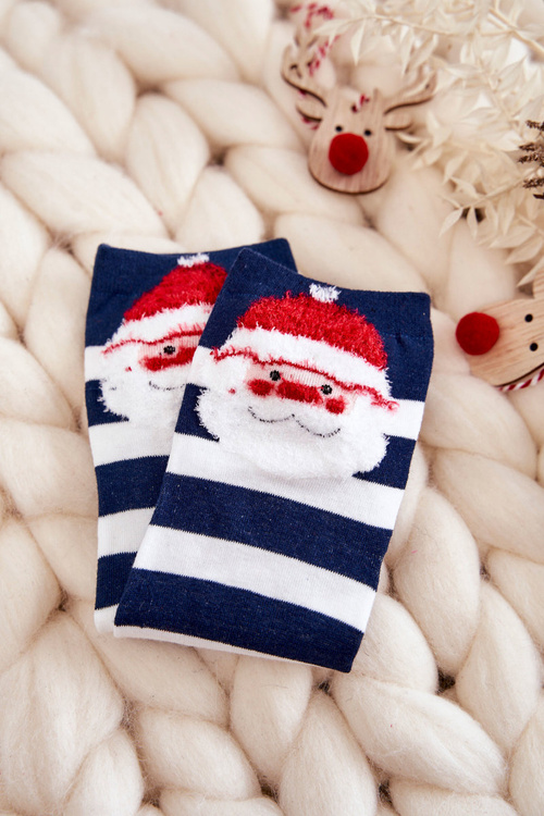 Women's Funny Christmas Socks In stripes with Santa Claus Navy blue and white