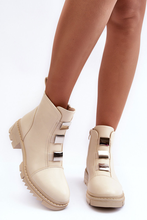 Leather Boots on Flat Heel Light Beige Azulenn