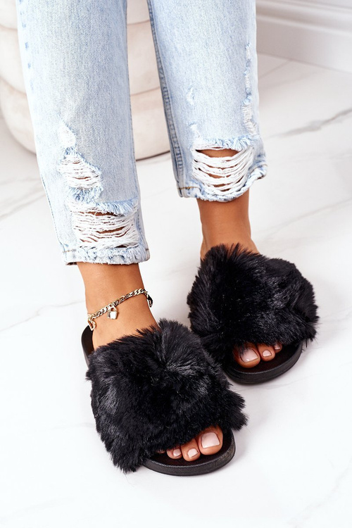 Rubber Slippers With Fur Black Soft