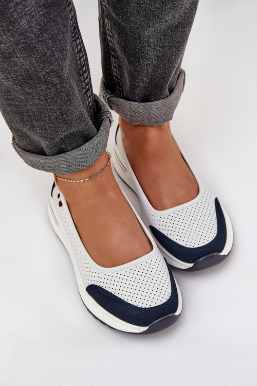 Leather Wedge Ballet Flats White-Navy Nelviera