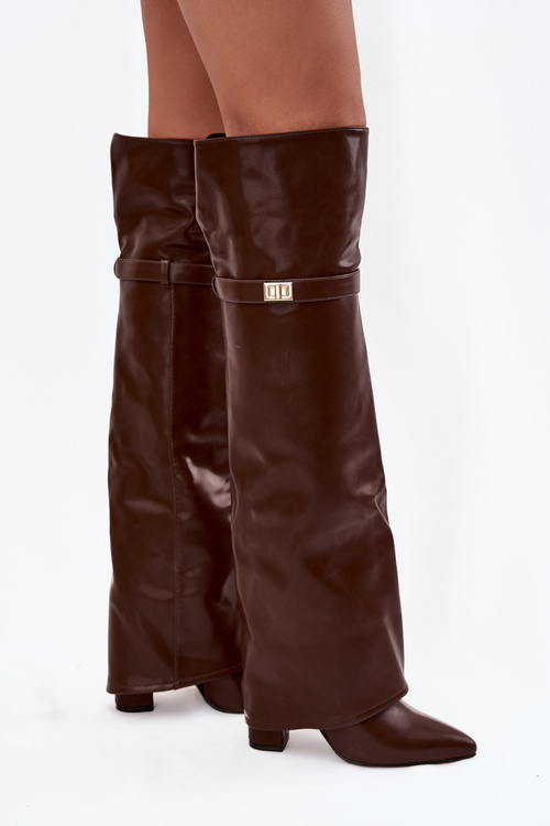 Kozaki Wywinięta Cholewka Za Kolano Obcas Słupek Ocieplane Brązowe Serelle