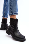Women's Flat Heel Boots with Embellishment Black Zanidite