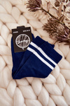 Youth Cotton Sports Socks With Stripes Navy Blue