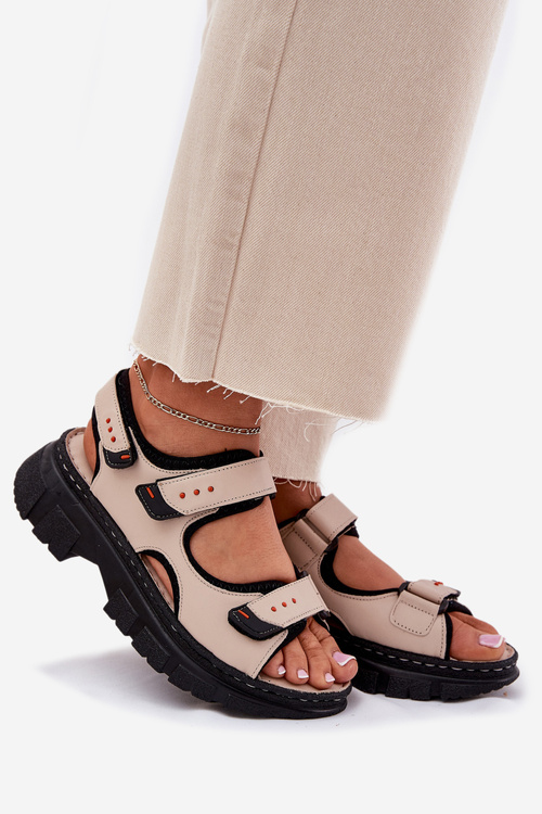 Leather Women's Sandals With Velcro Beige Artiker 56C0471