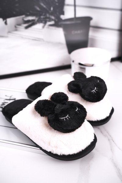 Women's Furry Slippers White Black Rabbit