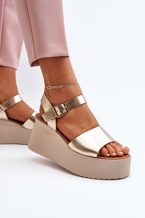 Sandały Damskie Na Koturnie Złote PS18