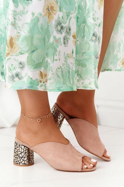 Suede Heeled Slippers S.Barski C420-15 Beige
