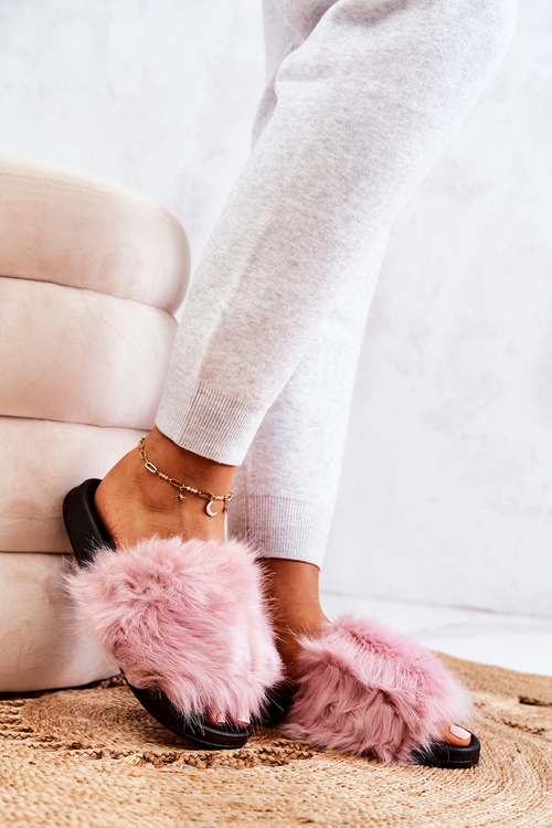 Klapki Futrzane Gumowe Gruba Podeszwa Różowe Pollie