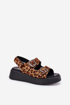 Ladies Platform And Wedge Sandals With Buckles Leopard Brown Genorre