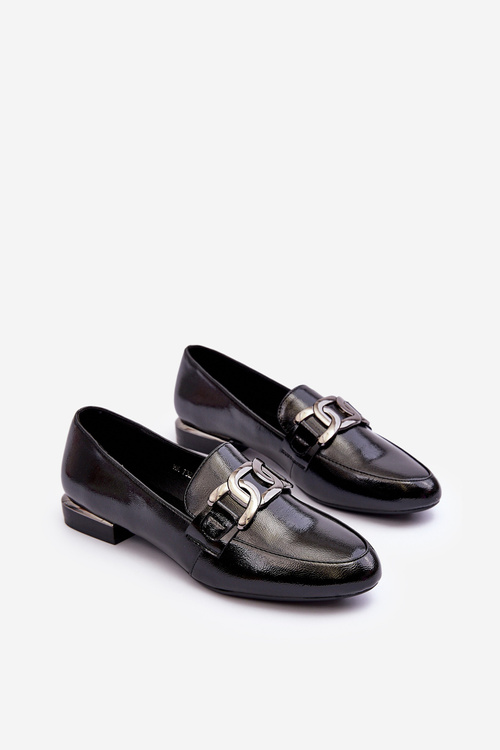 Mokasyny Damskie Lakierowane Z Ozdobą Czarne Camilena MK732