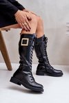 Combat Boots With Decorative Buckle Black Linnealisa