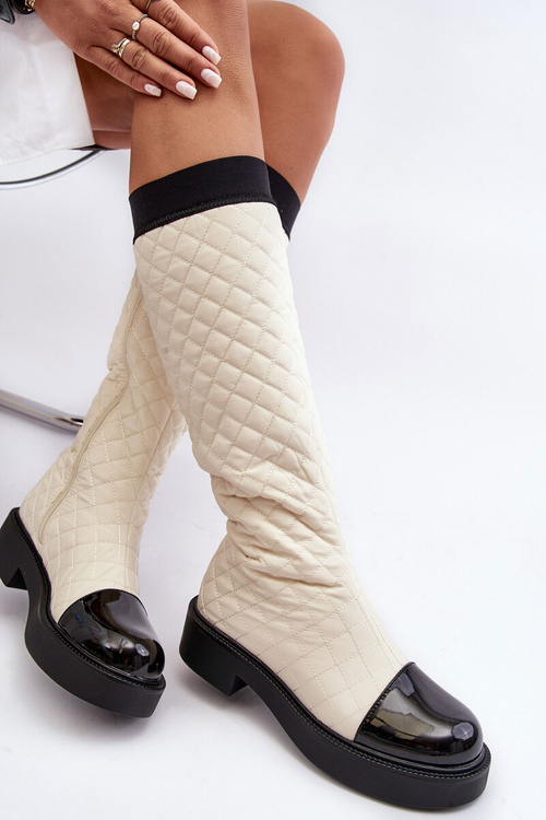 Quilted Knee-High Boots On Flat Heel Beige Amalfri