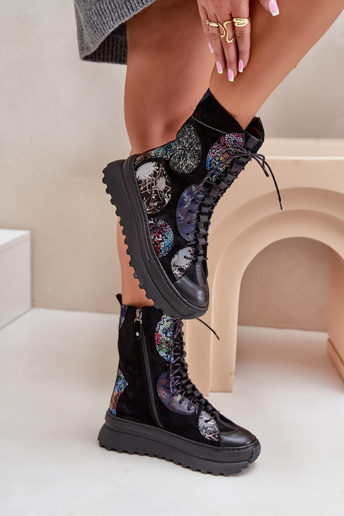 Ocieplane Skórzane Zamszowe Botki Na Platformie Czarne Maciejka 06565-01