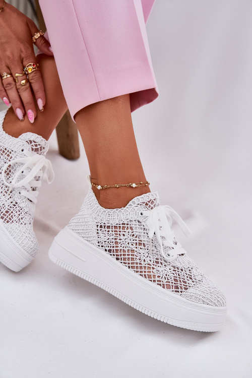Damskie Sneakersy Z Szydełkową Cholewką Na Platformie Białe Mirietto