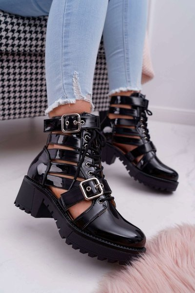 Women's Flat Heel Spring Boots Lacquered Black Single