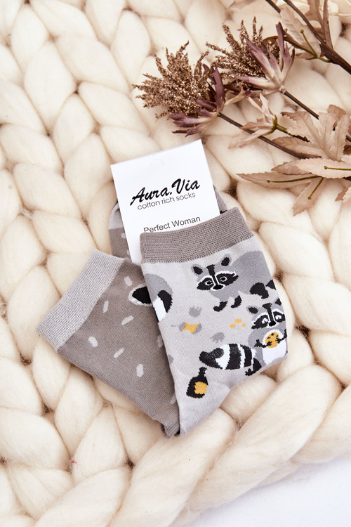 Women's Mismatched Raccoon Funny Socks Gray