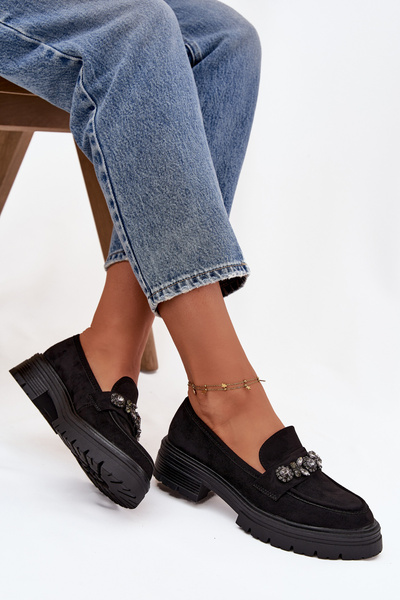 Damskie Eko Zamszowe Mokasyny Z Kryształkami Czarne Lavisse